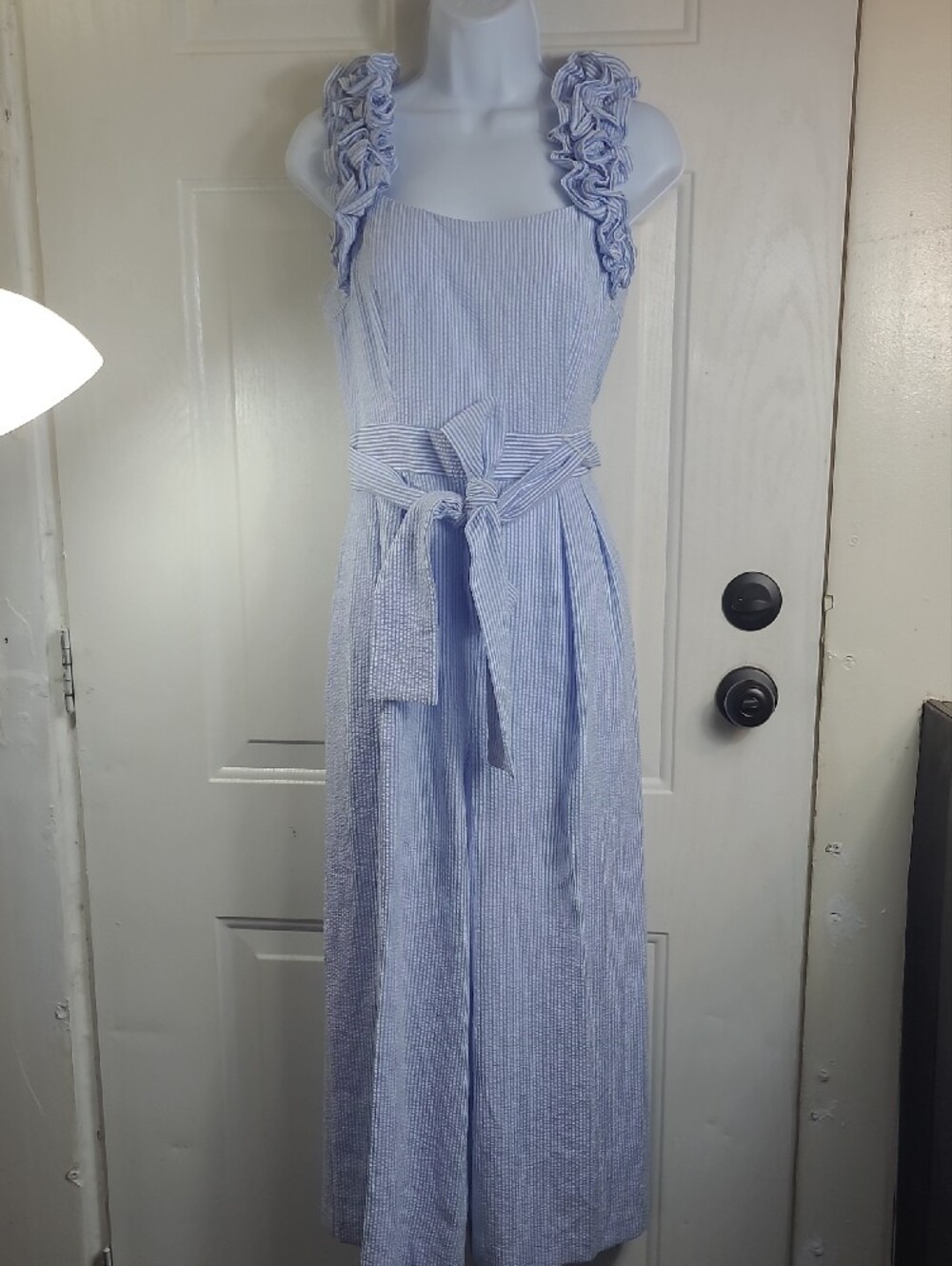 Eliza J Light Blue Ruffle-Strap Seersucker Jumpsuit with Waist Tie - Picture 3 of 15